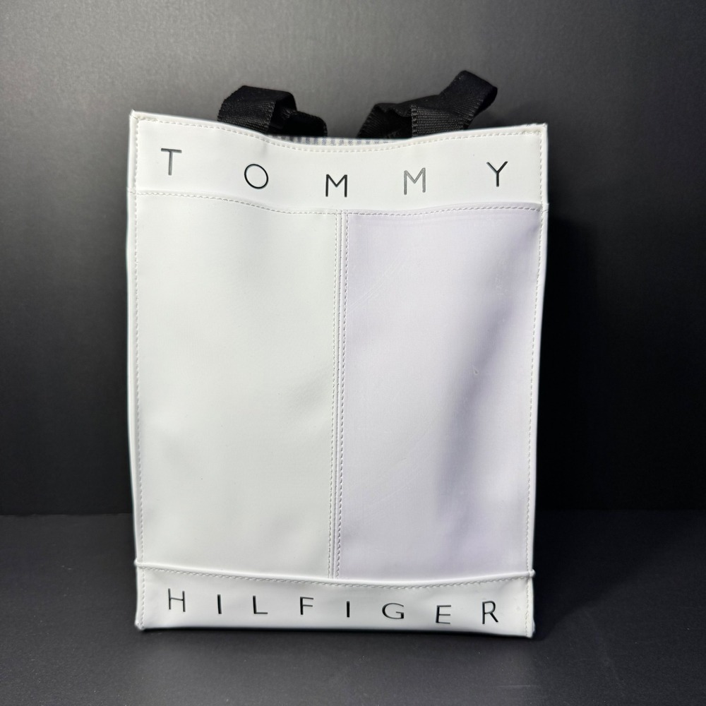 Tommy Hilfiger White Tote Hand Bag Small Front Double Pocket Unisex Nylon Straps